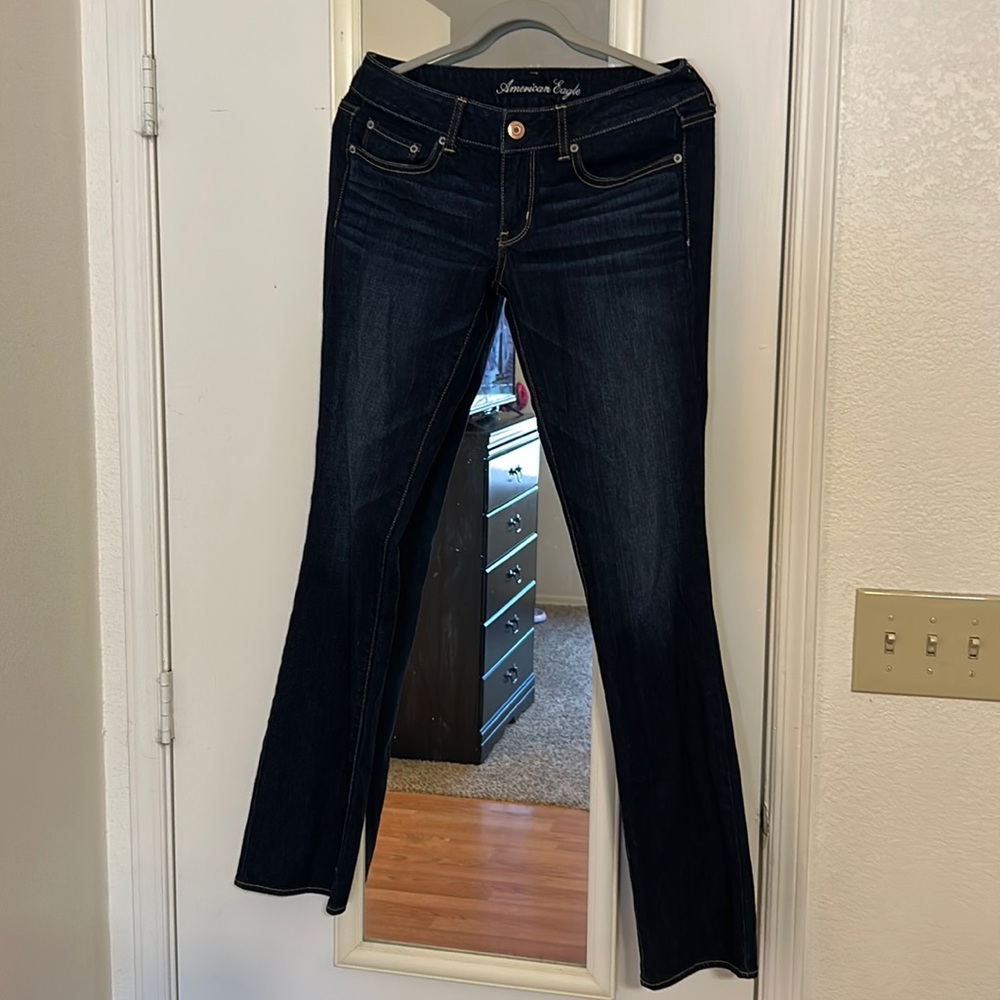American Eagle Stretch Straight Dark Wash Jeans, Size 6 Long
